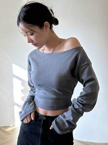 DAZY Áo thun nữ dài tay ngắn màu trơn, quần áo mùa thu thời trang thanh lịch - Xám - Xem 6