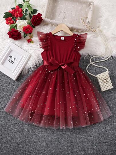 SHEIN Glamorique Kids 年輕女孩的星星網帶連身裙