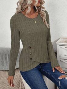 EMERY ROSE Women's Asymmetrical Hem Ribbed Tee Fall Cloth For Women - Green - View 4