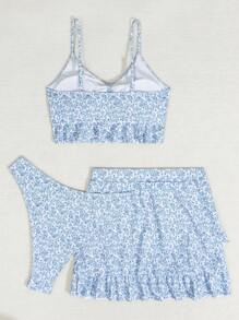 Swim Mod 夏季沙灘女士全印花隨機圖案荷葉邊三件式比基尼套裝