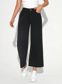 SHEIN Tall بنطلون جينز واسع الساقين أسود للنساء - الأسود - مشاهدة 4