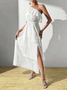 Breezaya 純色不對稱領口波浪邊高開叉連衣裙 - 白色 - 查看 6