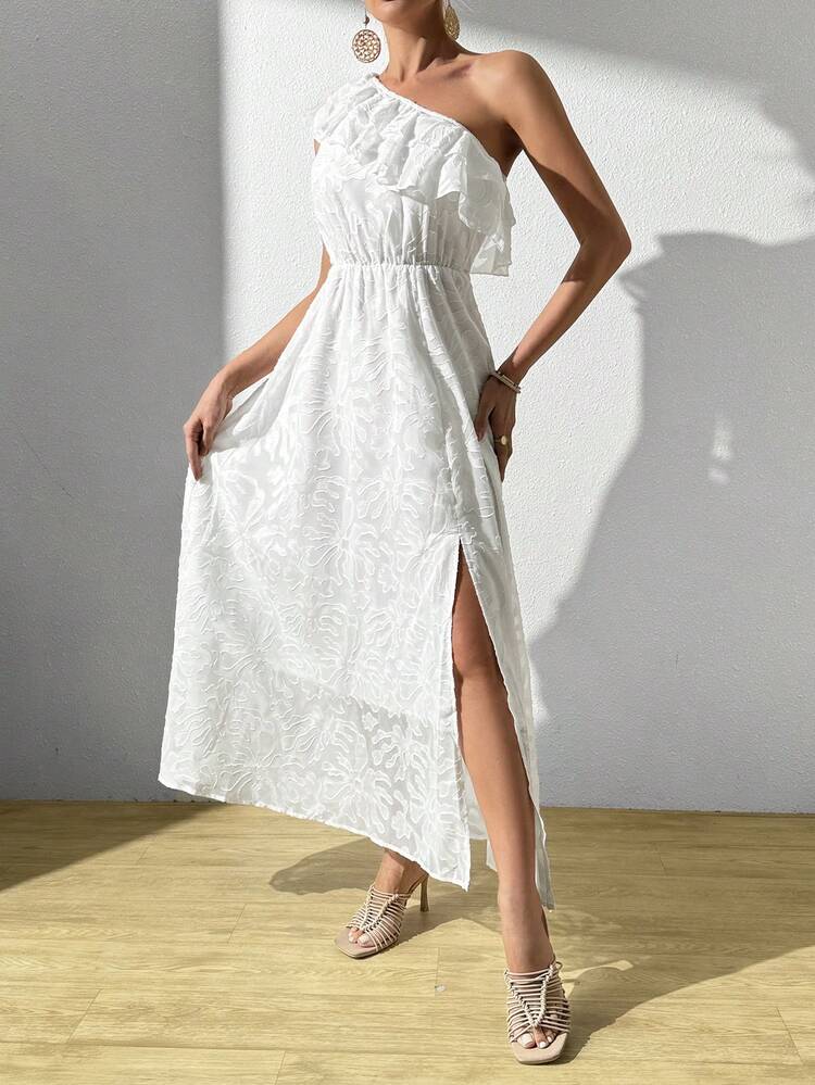 Solid Color Asymmetrical Neck Ruffle Edge High Slit Dress