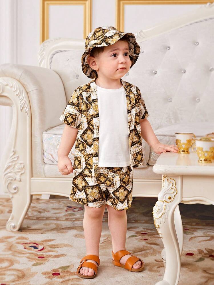 Baby Boy Printed Casual Vacation Short Sleeve Shirt And Shorts Set