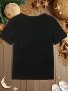 SHEIN LUNE Kaos Hitam Wanita dengan Slogan Berkat Desain Festival dan Bulan - Hitam - View 3