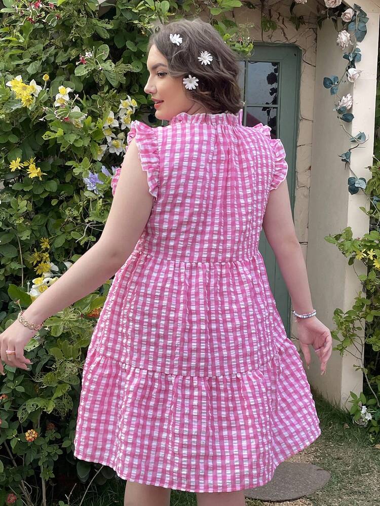 Plus Size Women's Casual Vacation Style V-Neck Sleeveless Plaid A-Line Dress