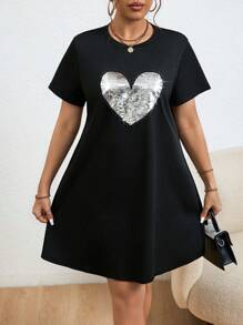 Calvaya Plus Size Sparkling Heart Pattern Dress - Black - View 1