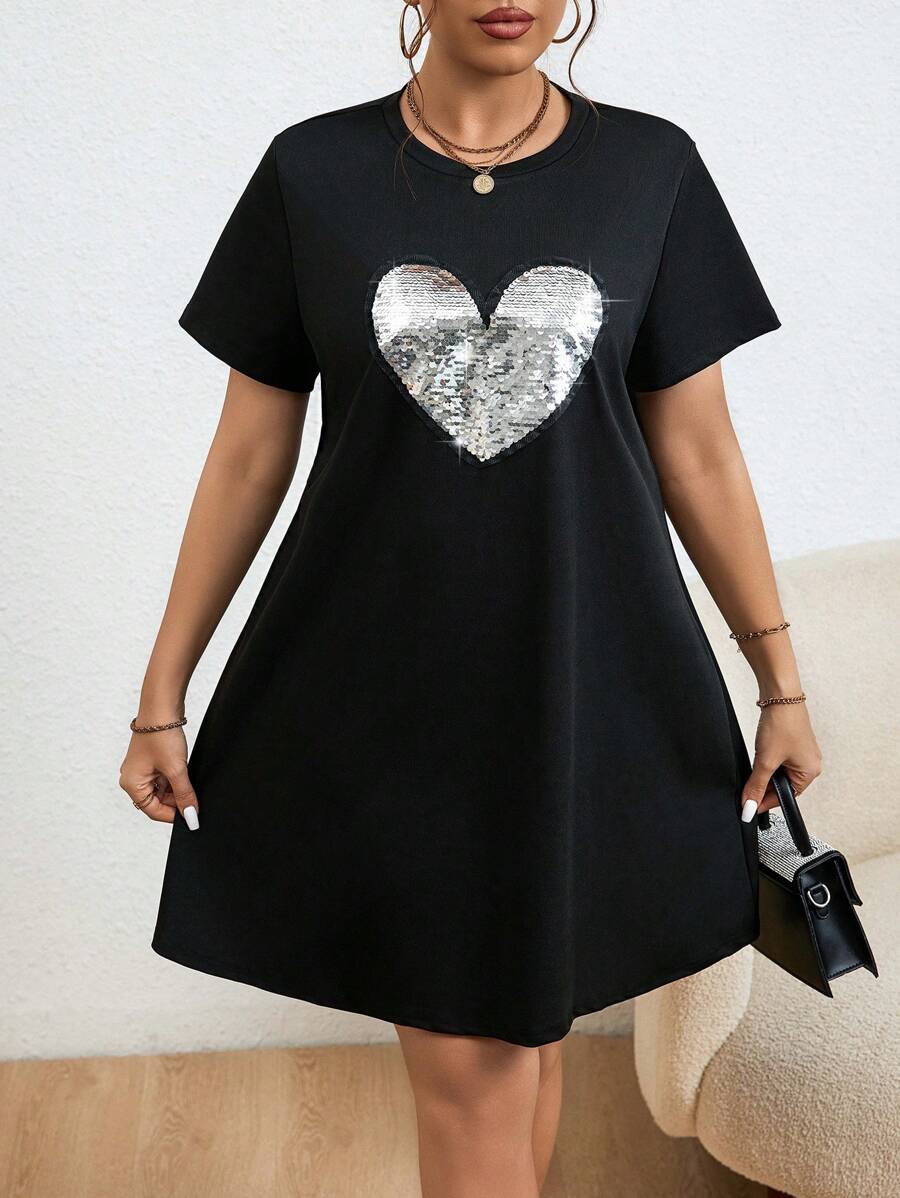 Calvaya Plus Size Sparkling Heart Pattern Dress - Black - View 1