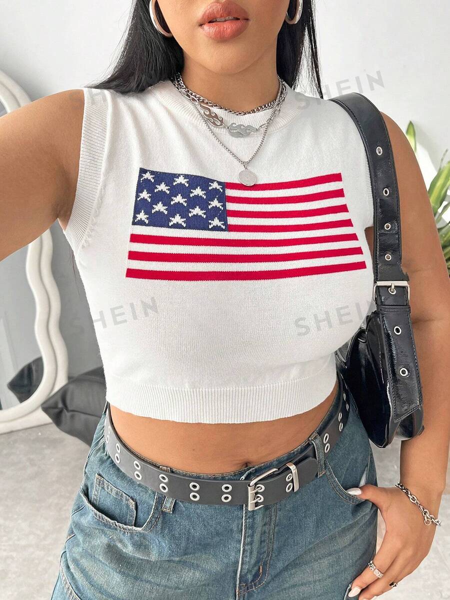 SHEIN EZwear CURVE Top De Tejido De Punto A Rayas De Talla Grande Con Patrón De Estrellas