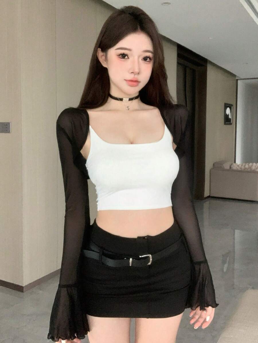 DAZY 女式超短款网眼吊带背心，喇叭袖，外出上衣，夏季，荷叶边透明长袖女式上衣 - 黑色 - 查看 1