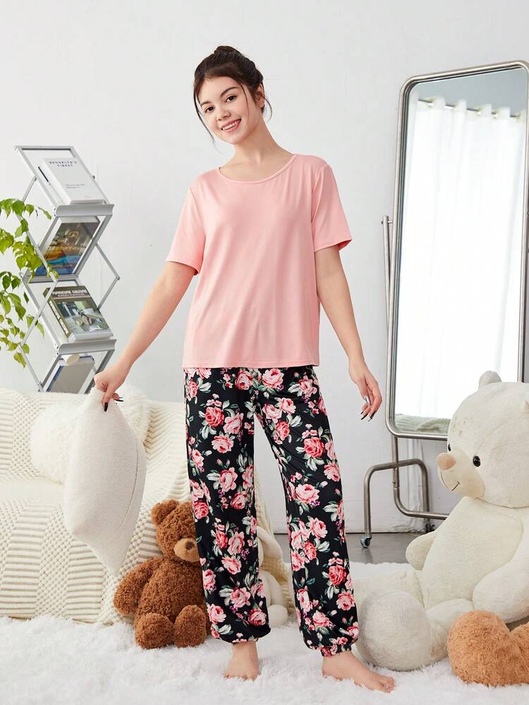 Teen Girls' Knit Loose Fit Round Neck Top And Flower Patterned Joggers Pajama Set