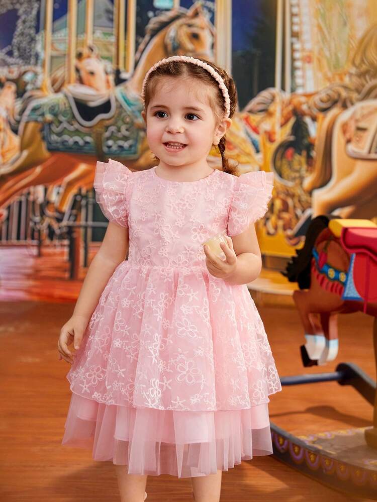 Baby Girl Spring Summer Pink Lace Tulle Gorgeous Cute Daily Casual Dress