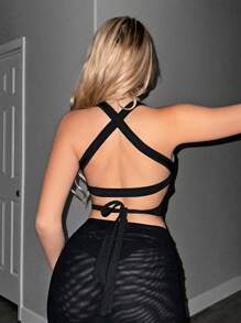 Sweetina Women's Black 3d Flower Crossed Backless Crop Top With Knot - Black - View 2