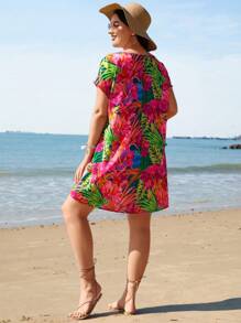 SHEIN VCAY Vestido Floral Magenta De Talla Grande Con Estampado De Plantas Tropicales - Multicolor - Ver 4