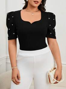 SHEIN Privé Kaos Ukuran Plus Manik manik Mutiara Plain Casual - Hitam - View 1