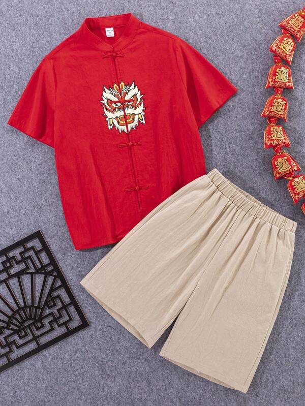 SHEIN Jungen Hemd Mit Chinesischen Froschknöpfen Und Löwendruck, Sowie Solide Shorts Set