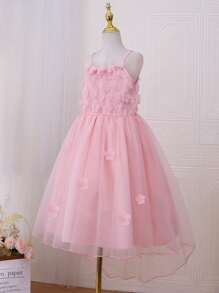 中小學女生優雅花卉網眼肩帶粉色連衣裙,夏季