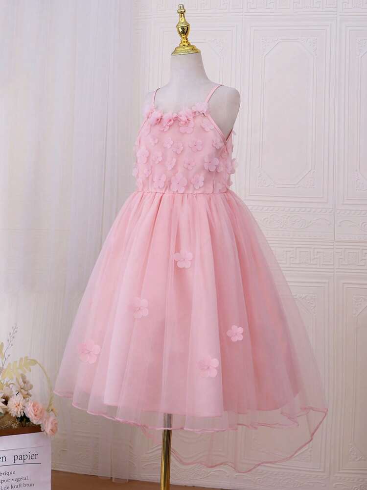 Tween Girls' Elegant Floral Mesh Spaghetti Strap Dress In Pink, Summer