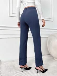 SHEIN Cottnline High Waisted Straight Leg Pants - Navy Blue - View 2