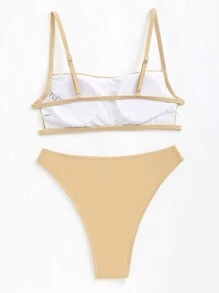 SHEIN Swim Women'S Solid Color Backless Bikini Set Carnival Summer - Khaki - View 2