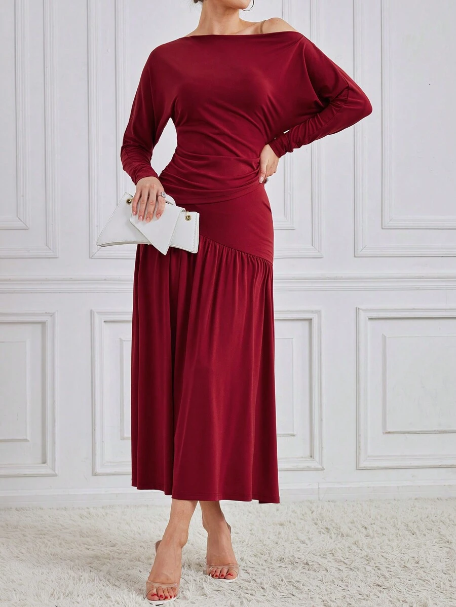 Modelyn 勃艮第红女士纯色不对称领口褶皱上衣和裙子套装 2 件套 - 酒紅色 - 查看 1