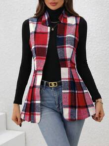 SHEIN LUNE Abrigo De Lana Con Chaleco A Cuadros - Rojo - Ver 5