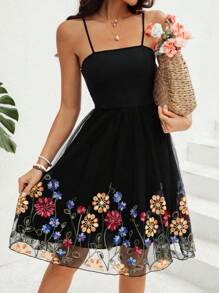 SHEIN VCAY Valentine'S Day Women'S Spaghetti Strap Floral Print Summer Dress