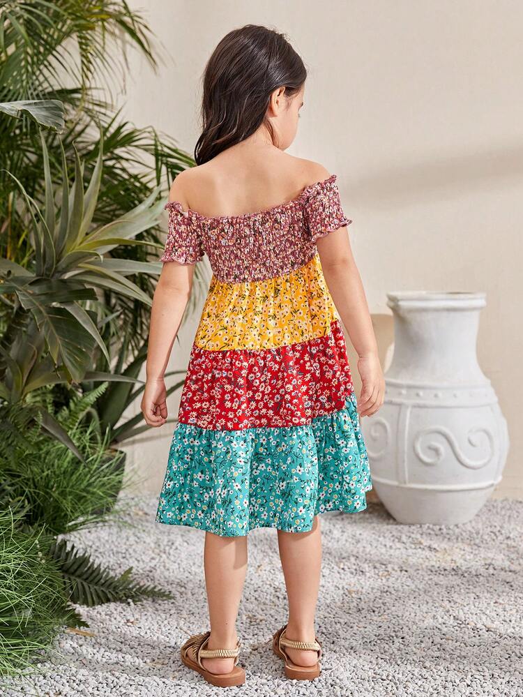 Young Girls' Color Block & Floral Print Off Shoulder Ruffled Casual Dress