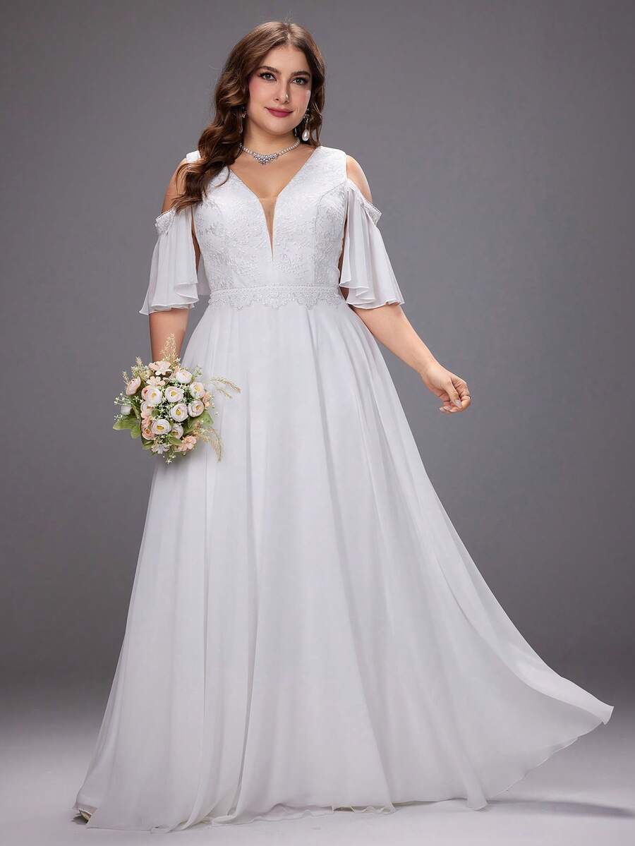 Vestido de novia de talla grande con hombros abiertos, bordado y patchwork - Blanco - Ver 1