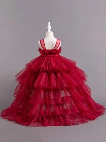 SHEIN Glamorique Kids 年輕女孩多層次色彩繽紛的晚禮服，長尾紗裙適用於婚禮、生日派對做花童禮服 - 酒紅色 - 查看 2
