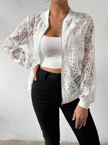 Chiquease Front Zip Lace Jacket - White - View 1