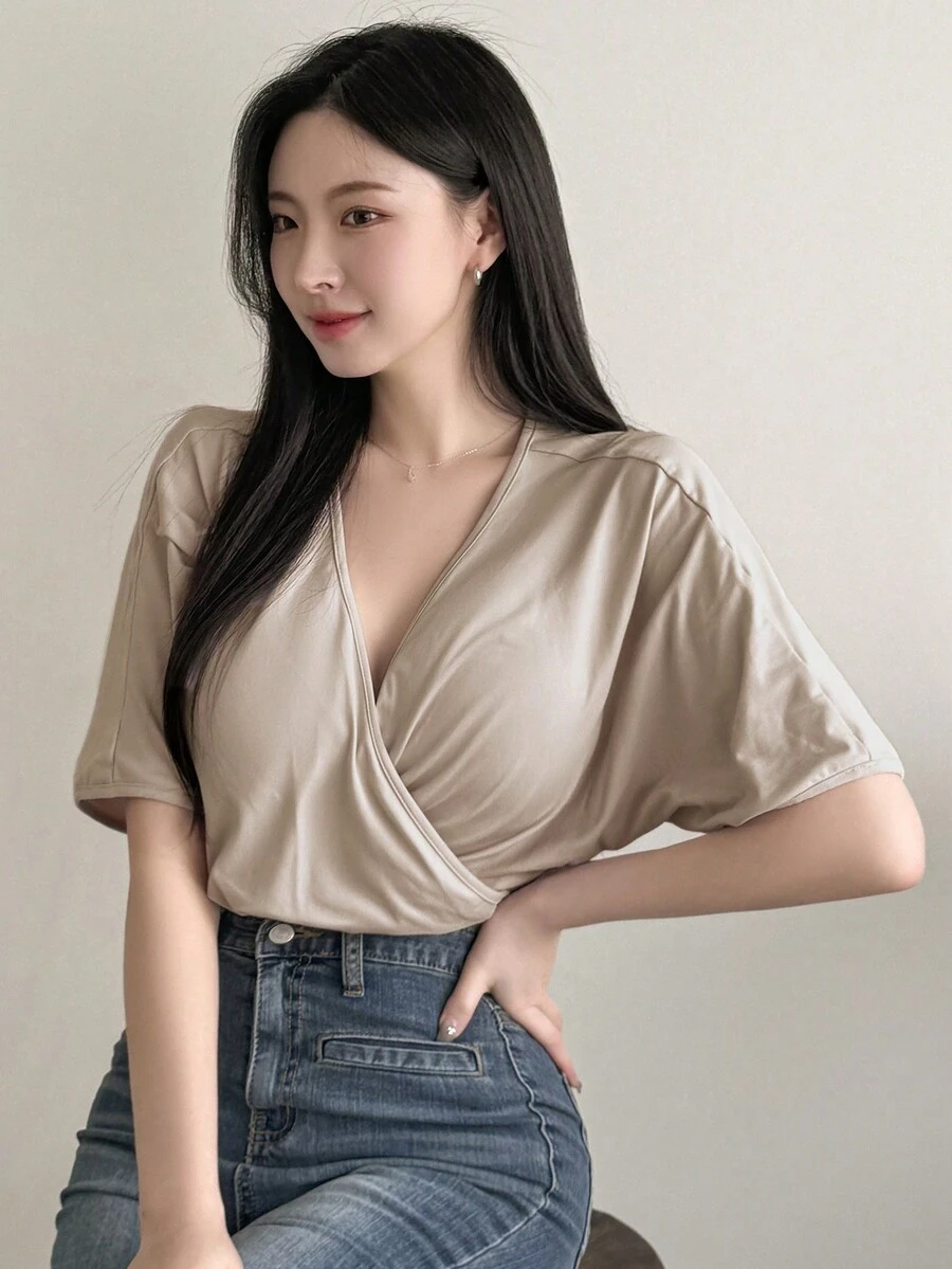 DAZY 女性v領蝙蝠袖t卹 - 杏色 - 查看 1
