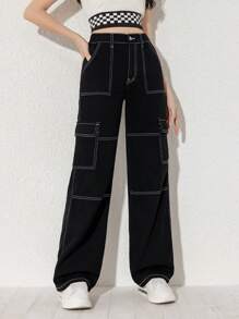 Sparklyn Teenage Girls' New Casual Fashion Straight Cut Cargo Denim Jeans (With Washed Look And Contrasting Stitching)