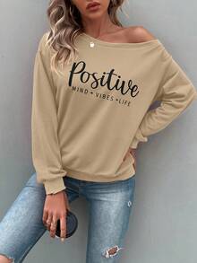 SHEIN LUNE 標語圖案落肩袖運動衫 - 杏色 - 查看 6