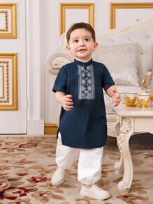 SHEIN Leap Crew 嬰兒男孩幾何圖案短袖長衫配褲裝套裝