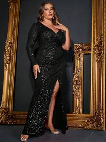 Faeriesty Váy sequin xẻ đùi cổ tròn Plus - màu đen - Xem 6