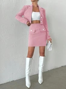 EURMUSE Quý cô Áo vest Áo khoác Với Cổ áo tương phản Và Độ dài của đầu gối Bộ váy - Màu Hồng baby - Xem 4