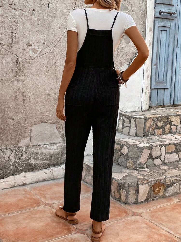 Women's Casual Button Embellished Drawstring Waist Overall Pants With Wave Texture Fabric