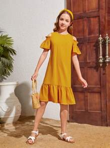 Vestido De Corte Imperio Para Niñas Jóvenes Con Hombros Descubiertos Y Ribete Con Volantes De Un Solo Color - Amarillo - Ver 5