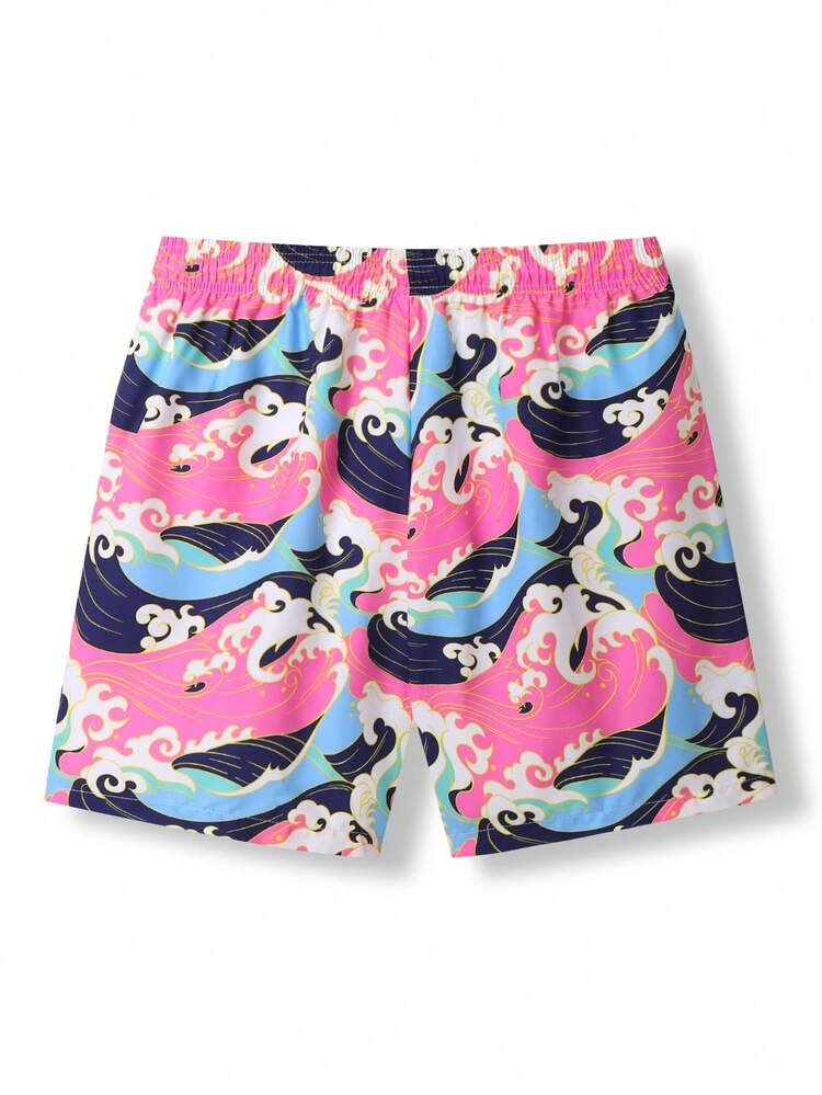 Men'S Beach Shorts With Drawstring Waist And Wave Print