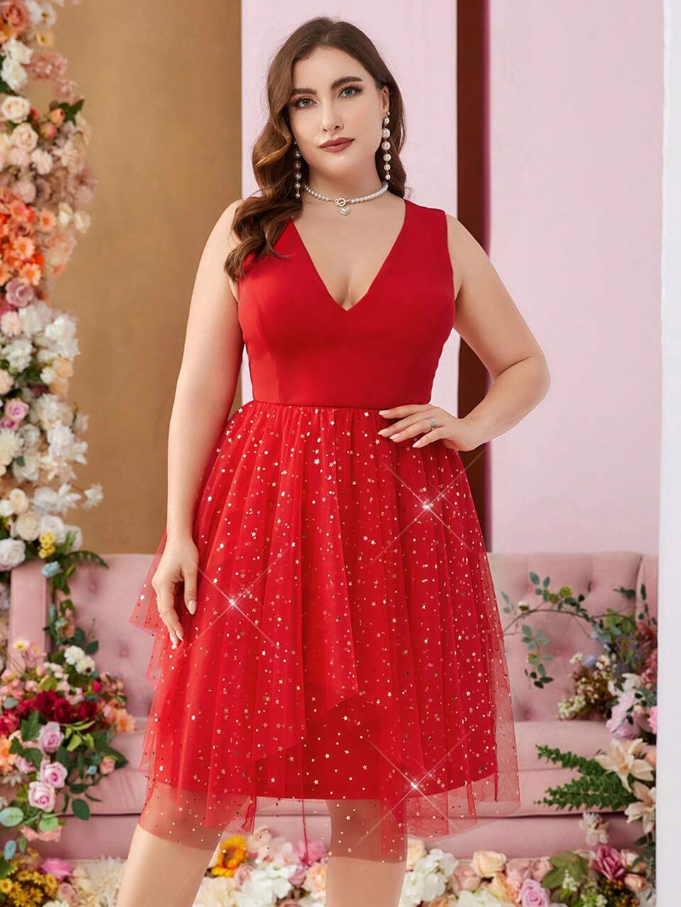 Women's Plus Size Red Elegant Spring Party Dress,Spliced See-Through Star Moon Glitter Gold Silver Mesh Bud-Shaped Graduation Cocktail Party Dress