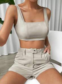 SHEIN EZwear 素色短款背心和褶皺短褲 - 杏色 - 查看 4