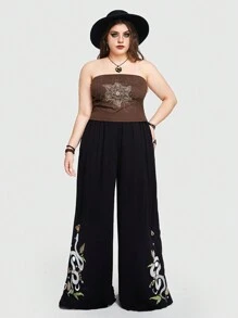 大码女式度假风蛇皮花卉印花阔腿裤，夏季 - 黑色 - 查看 6