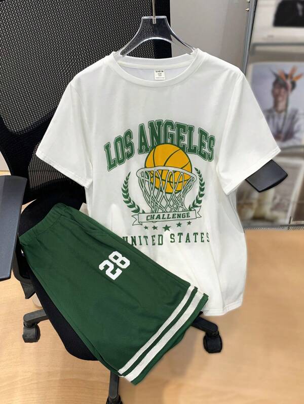 SHEIN Tween Boys' Loose Fit Basketball Printed Round Neck Short Sleeve T-Shirt And Shorts Set
