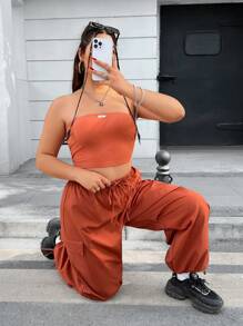 SHEIN EZwear CURVE 女士加大碼連身工裝褲,帶有字母補丁上衣和錐形褲管 - 鏽棕色 - 查看 1