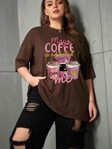 SHEIN LUNE Plus Size Women'S Coffee Printed Round Neck T-Shirt With Slogan - Chocolate Brown - View 5