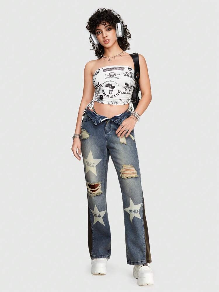 Women'S Jeans With Streetwear Style Patchwork Design Featuring Stars And Letter Print