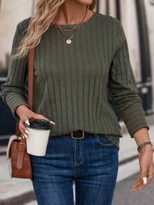 SHEIN LUNE Plus Size Women's Round Neck Long Sleeve Ribbed T-Shirt - Army Green - View 5