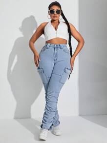 SHEIN SXY Plus Size Fold-Over Skinny Cargo Denim Pants - Light Wash - View 4