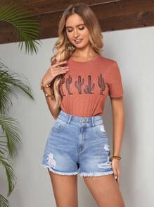 SHEIN LUNE Women'S Distressed Denim Shorts - Blue - View 5